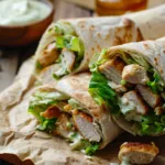 Overhead casual shot of Chicken Caesar Wrap with dressing, realistic home-cooked feel, smartphone quality.