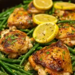 Serving Lemon Garlic Butter Chicken Thighs and Green Beans Skillet in a family-style dish