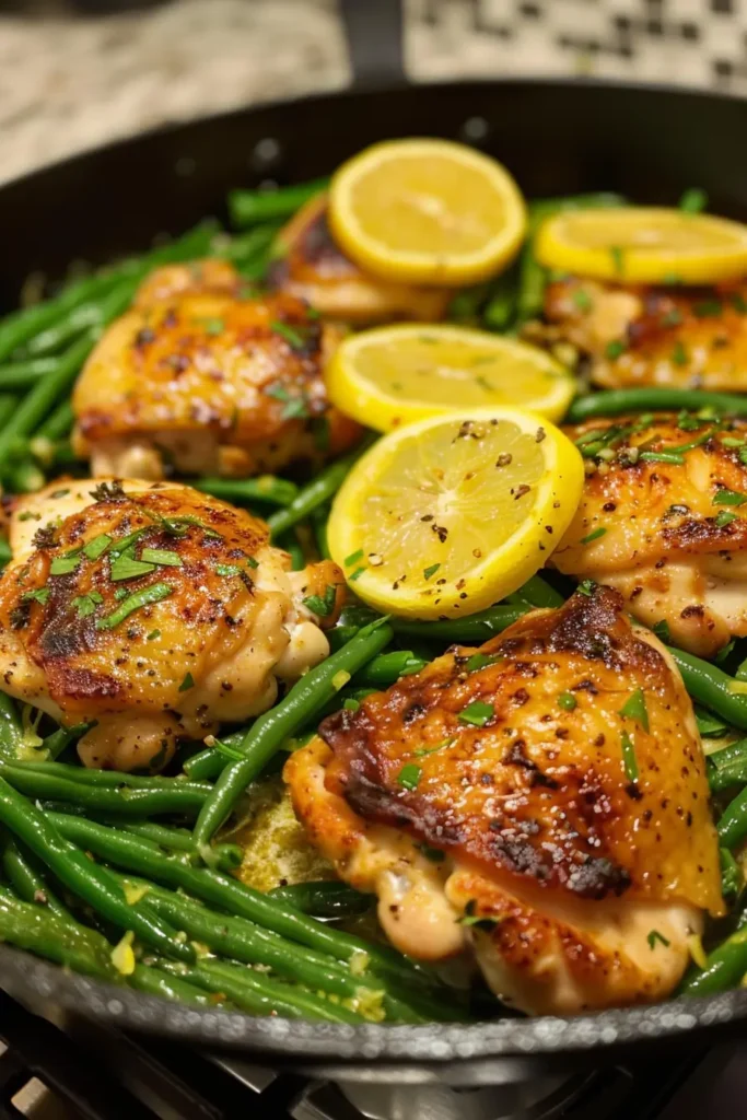 Serving Lemon Garlic Butter Chicken Thighs and Green Beans Skillet in a family-style dish