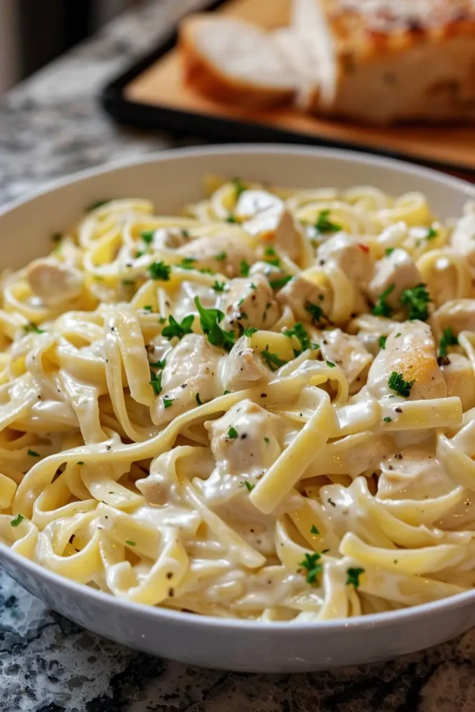 Low Calorie Chicken Alfredo plated with parsley garnish, ready to eat
