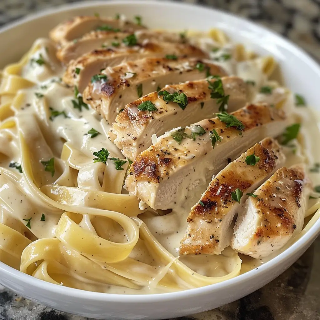 Low Calorie Chicken Alfredo served in a white bowl, creamy sauce coating fettuccine