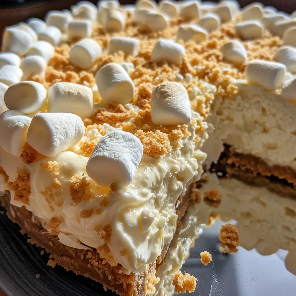 Creamy Marshmallow Cheesecake on a serving plate
