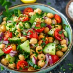 Mediterranean Chickpea Salad served in a bowl with fresh parsley