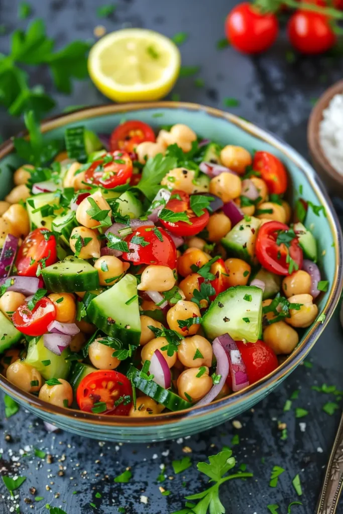 Mediterranean Chickpea Salad served in a bowl with fresh parsley