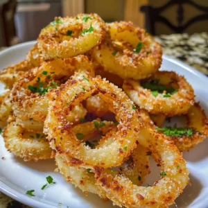 Crispy Parmesan Onion Rings stacked on a plate