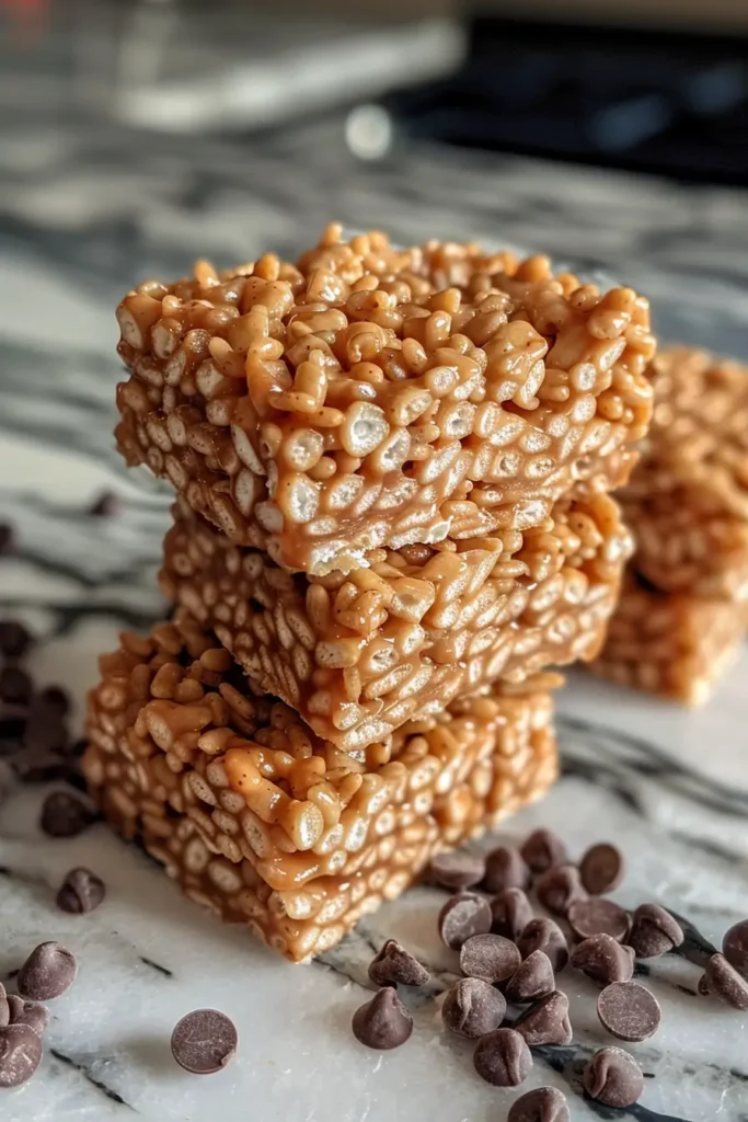 Serving Peanut Butter Rice Krispie Treats on a dessert plate