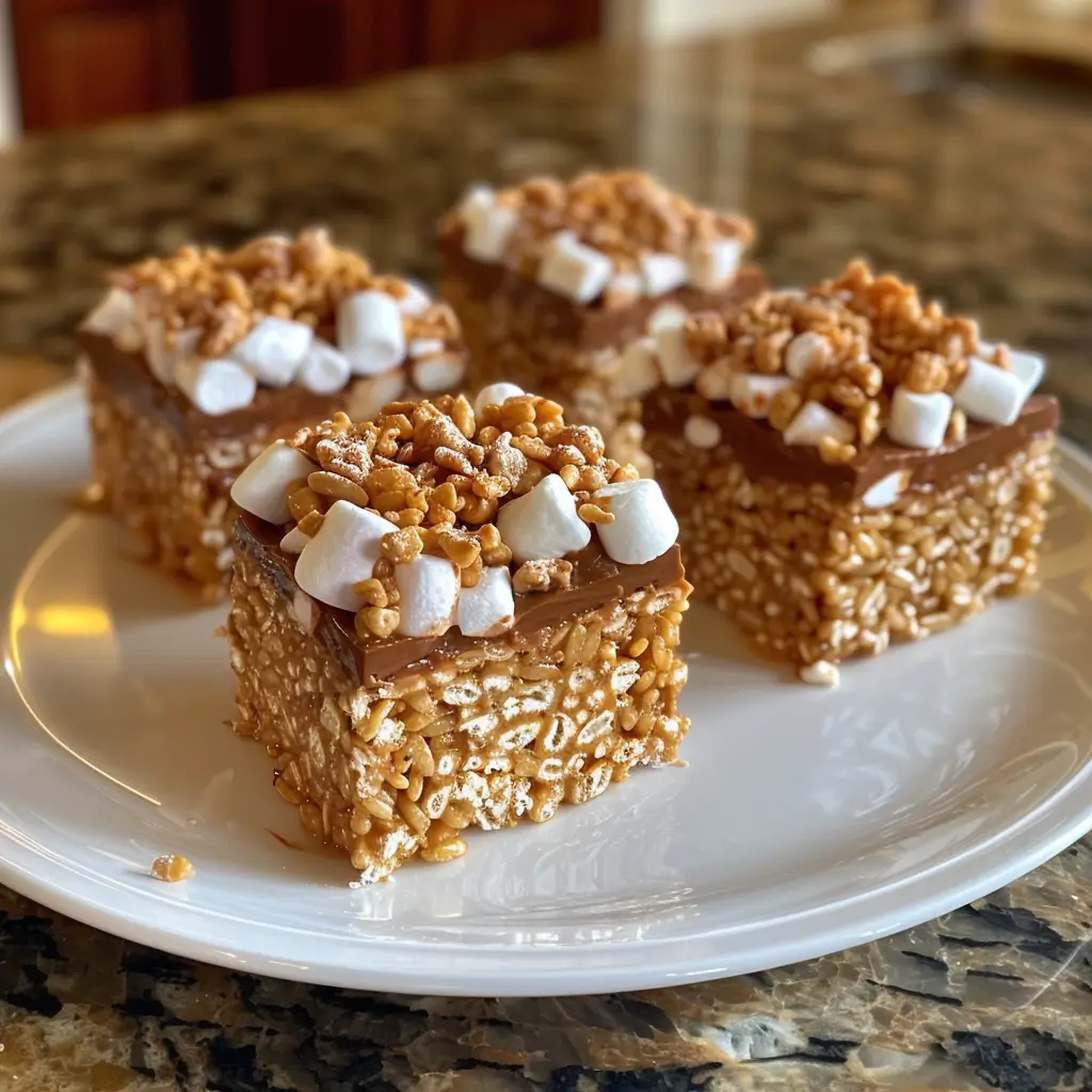 Peanut Butter Rice Krispie Treats on a plate with marshmallow drizzle