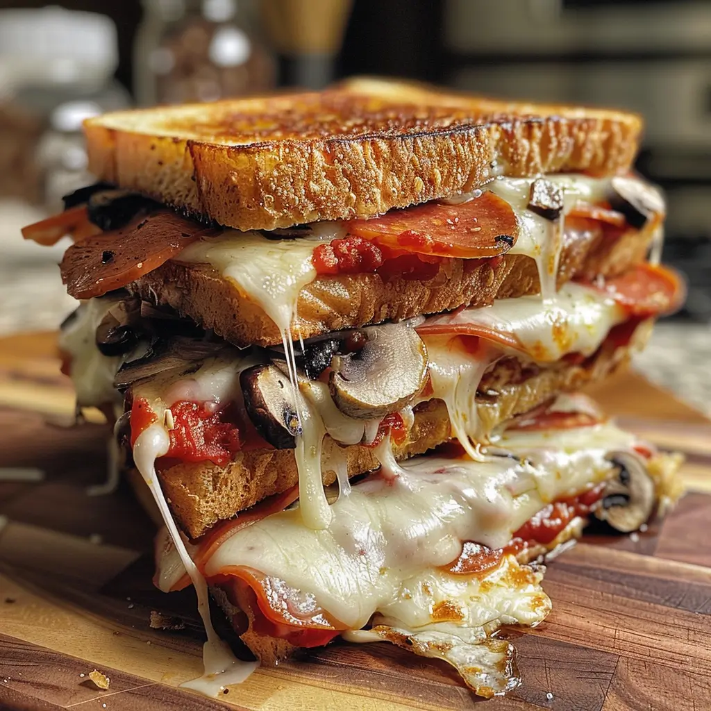 Pizza Grilled Cheese – Easy Cheesy Comfort Meal 4 Melty Pizza Grilled Cheese sandwich on a plate