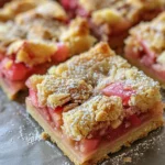 Rhubarb Bars served on a plate with powdered sugar