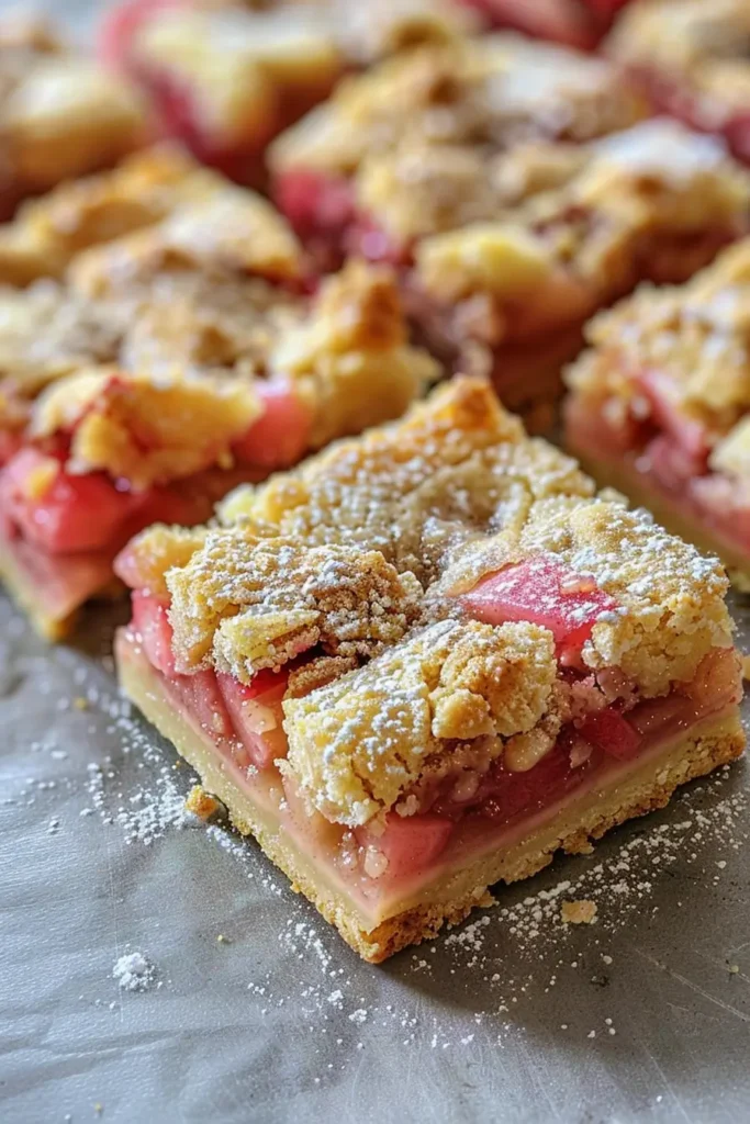 Rhubarb Bars served on a plate with powdered sugar