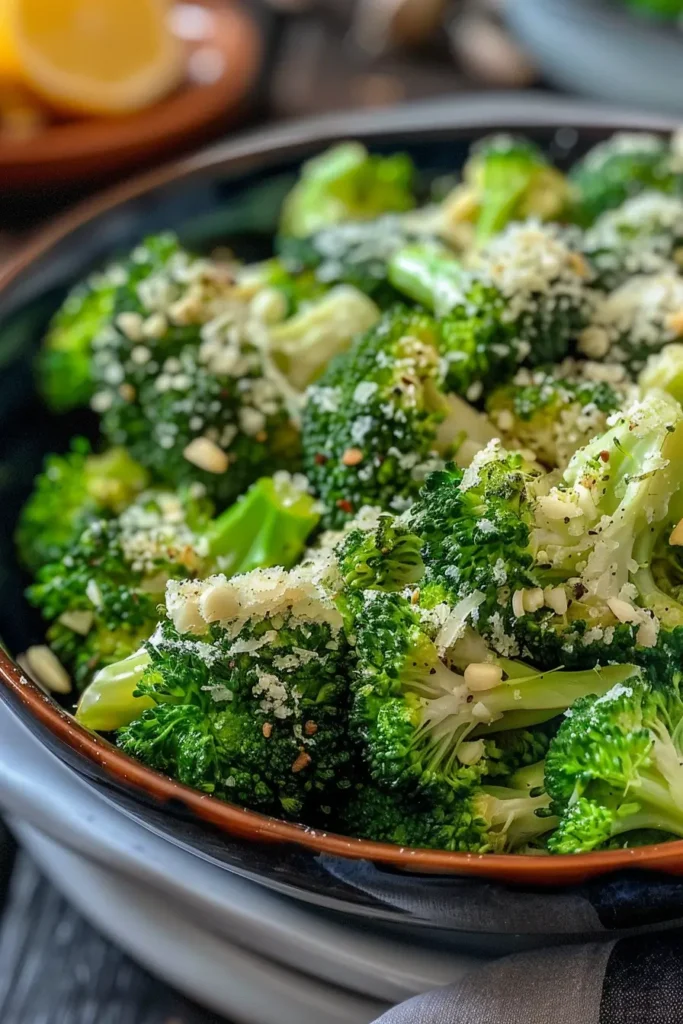 Serving Copycat Longhorn Garlic Parmesan Broccoli