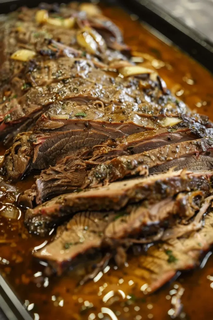 Sliced slow cooked beef brisket plated with gravy, mashed potatoes, and vegetables