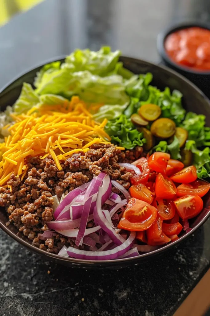 Smash Burger Bowl served with fresh toppings and sauce