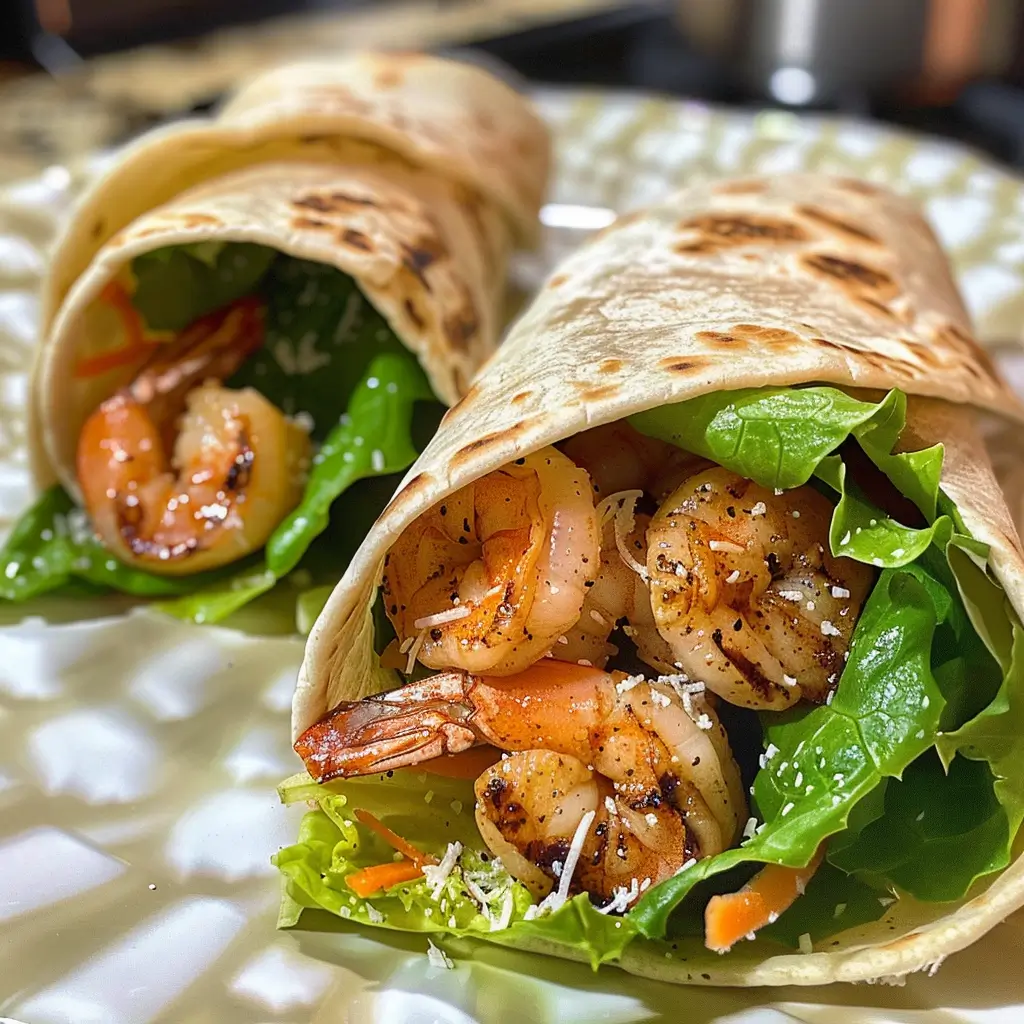 Zesty Grilled Shrimp Caesar Wraps – Easy, Fresh, and Flavor-Packed 4 Zesty Grilled Shrimp Caesar Wraps served on a plate