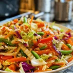 Colorful cabbage stir fry with vegetables and seasonings in a skillet