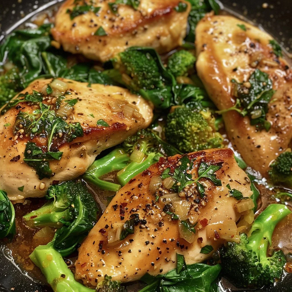 Garlic Chicken with Broccoli and Spinach 3 Garlic Chicken with Broccoli and Spinach plated with fresh ingredients