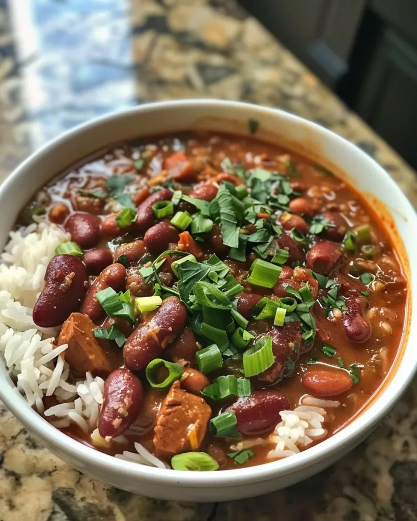 Louisiana Red Beans and Rice Recipe 3 Delicious Louisiana red beans and rice served in a bowl with herbs and spices.