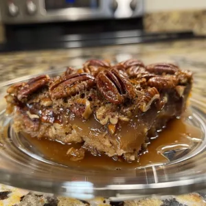 Delicious Pecan Pie Dump Cake topped with pecans and caramel
