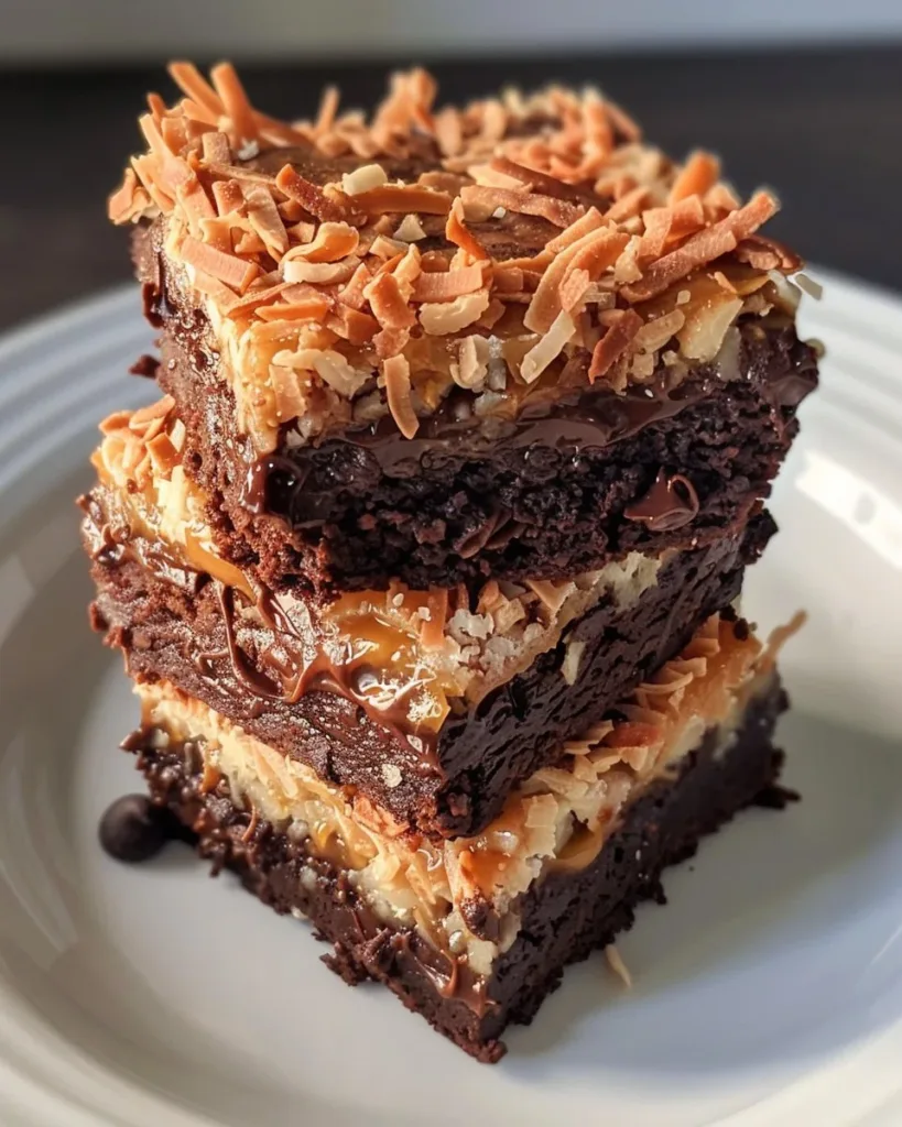 Samoa Brownies 3 Delicious Samoa Brownies layered with chocolate, caramel, and coconut flavors.
