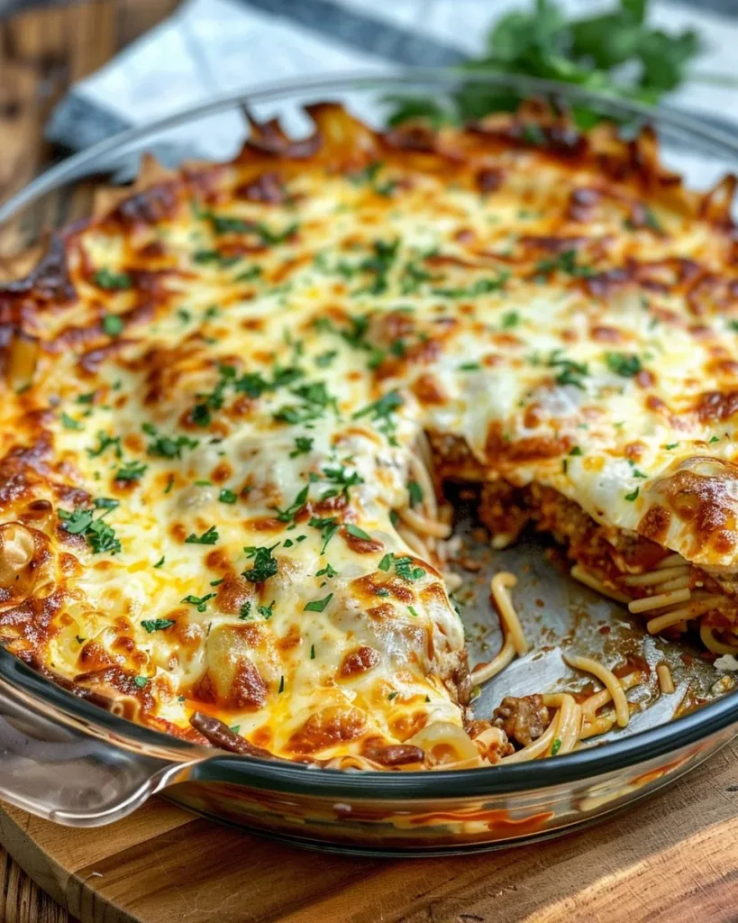 Spaghetti Pie 3 Baked spaghetti pie served on a plate with a garnish