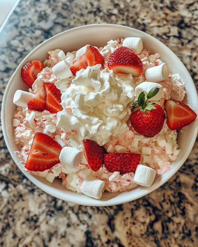 Strawberry Fluff Salad 4 Delicious homemade Strawberry Fluff Salad topped with fresh strawberries.