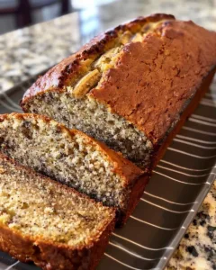 Delicious homemade banana bread sliced and served on a wooden board.