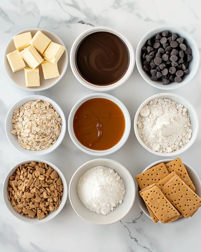 Ingredients for Caramel Crush Bars recipe laid out