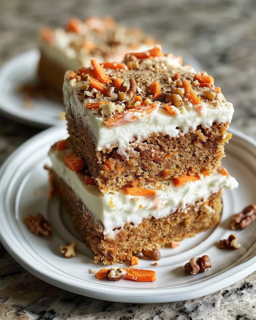 Carrot Cake Bars 3 Delicious homemade carrot cake bars with cream cheese frosting on a plate.