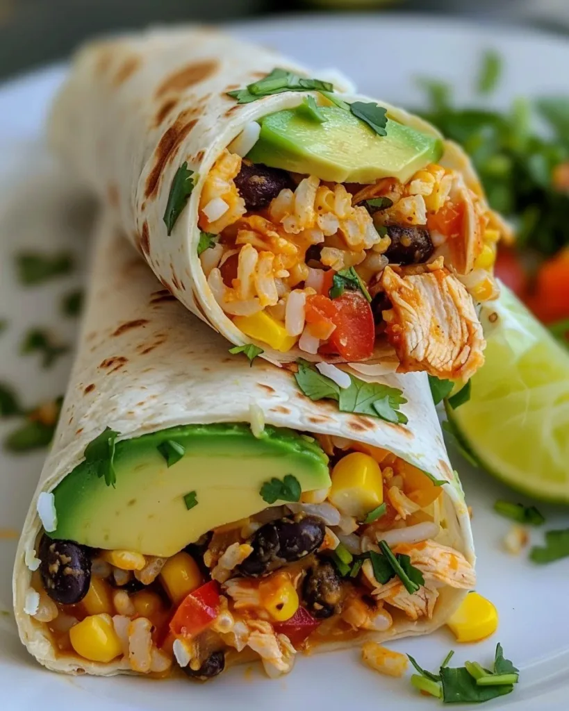 Chicken Avocado Burritos 3 A delectable Chicken Avocado Burrito filled with fresh ingredients and vibrant colors.