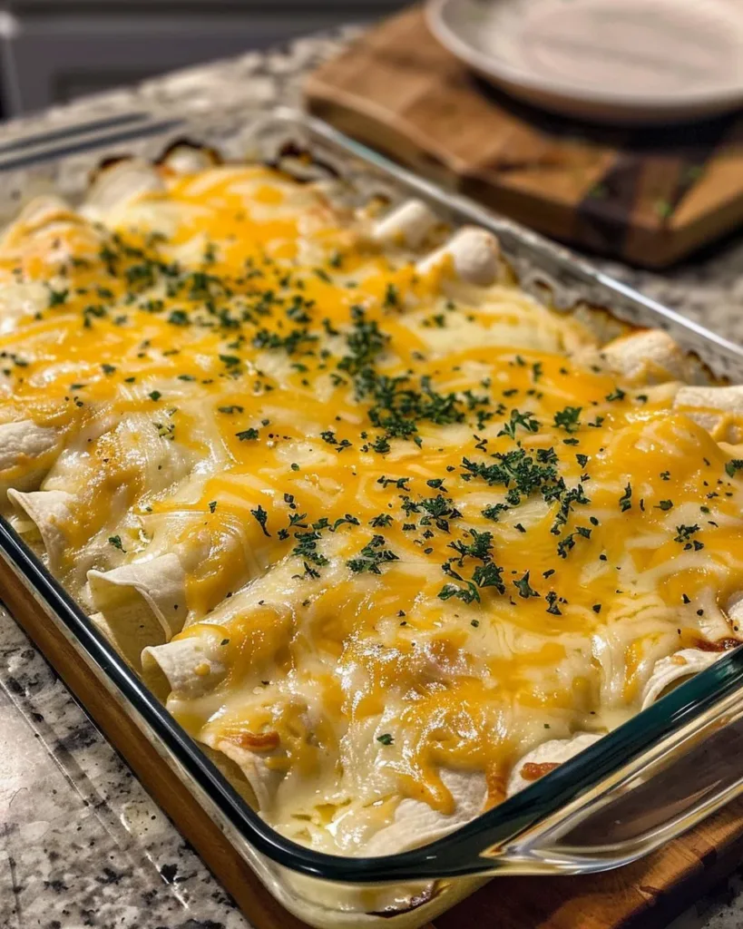 Creamy White Chicken Enchiladas 3 Creamy white chicken enchiladas served on a plate with toppings
