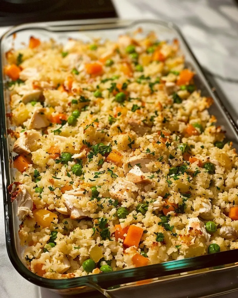 Healthy Chicken Cauliflower Rice Casserole topped with herbs and cheese
