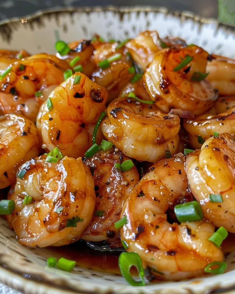 High-Protein Honey Garlic Shrimp 3 High-protein honey garlic shrimp served on a plate with colorful vegetables.