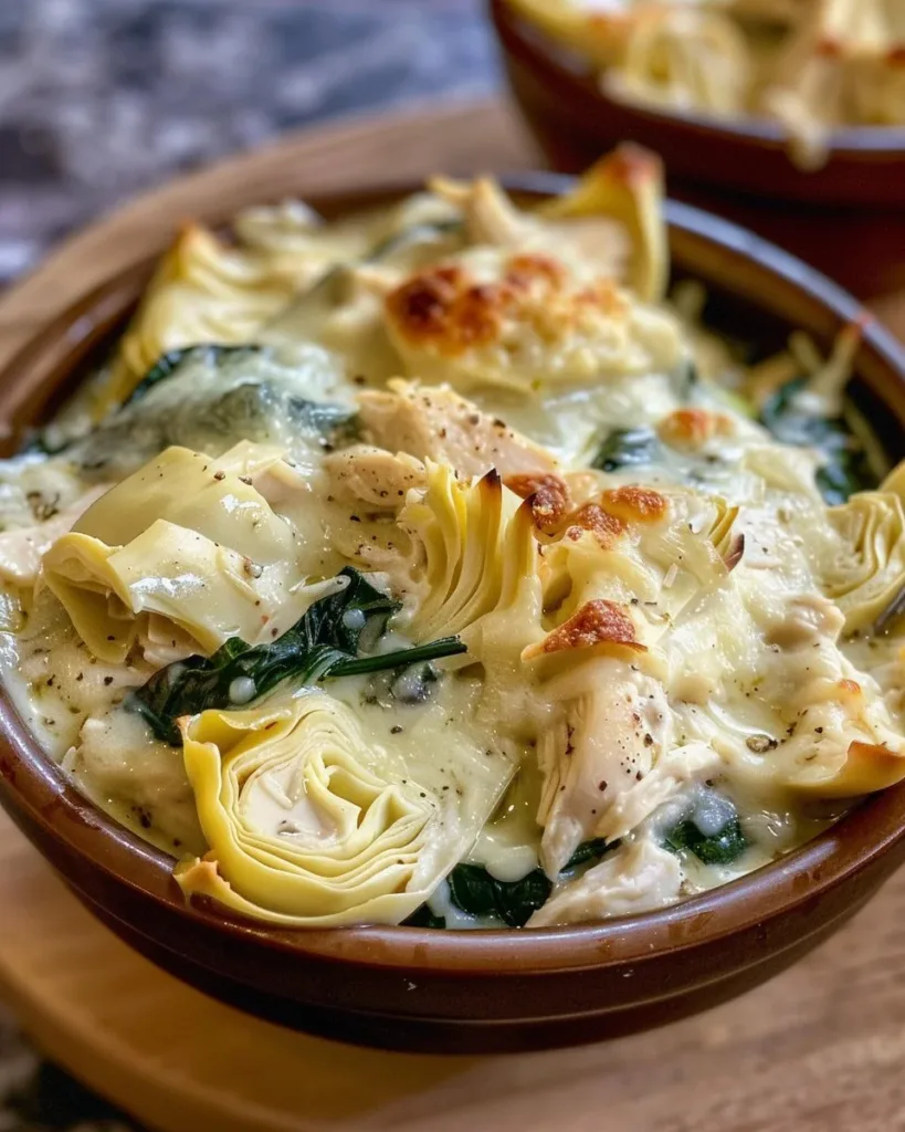 High-Protein Spinach and Artichoke Chicken Casserole 3 High-protein spinach and artichoke chicken casserole in a baking dish