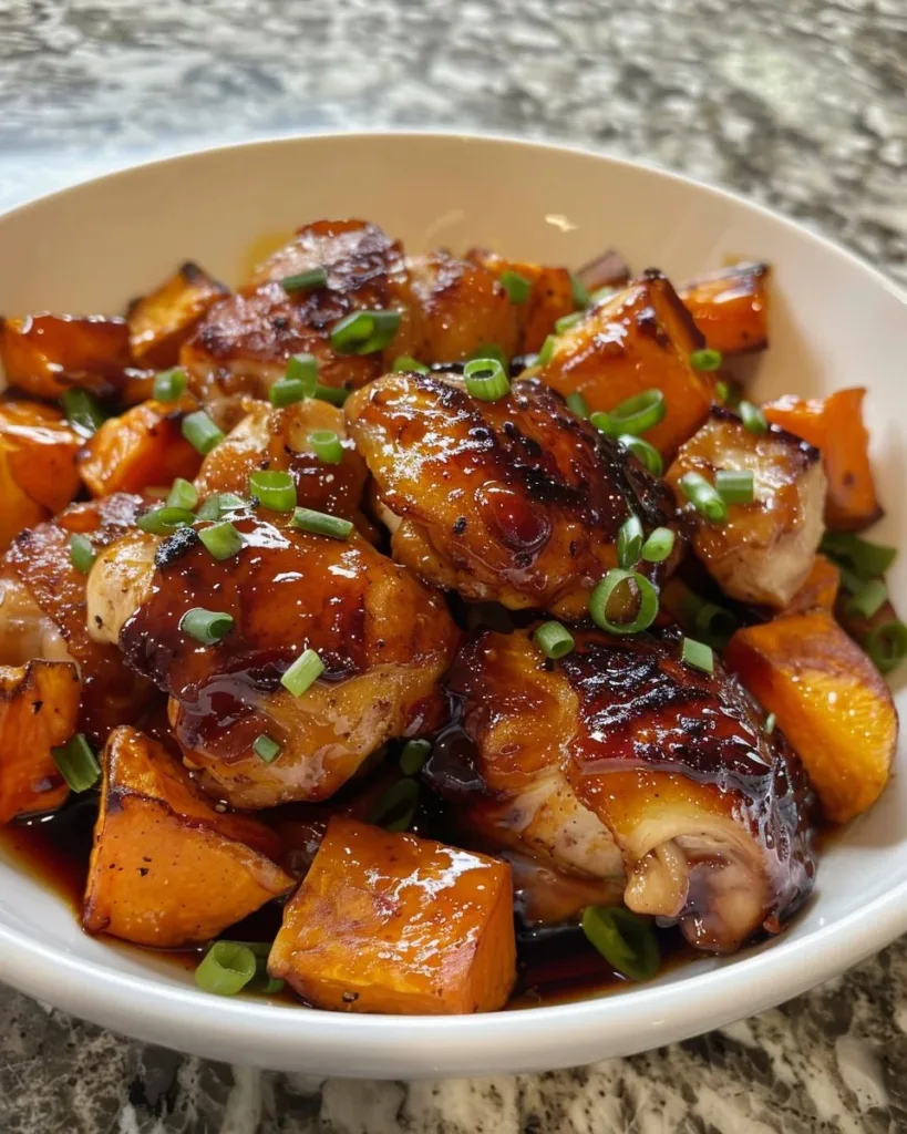 Honey Garlic Chicken & Sweet Potato 3 Honey Garlic Chicken served with sweet potatoes on a dinner plate