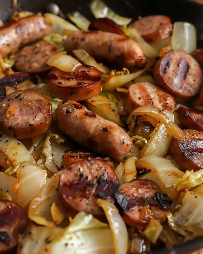 Low Carb Sausage and Cabbage Skillet 3 Low carb sausage and cabbage skillet dish served in a pan
