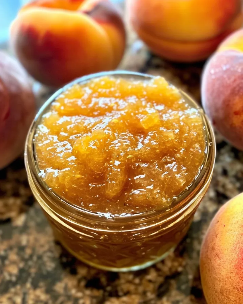 Low Carb Sugar Free Peach Jam 3 Low carb sugar free peach jam in a jar with fresh peaches