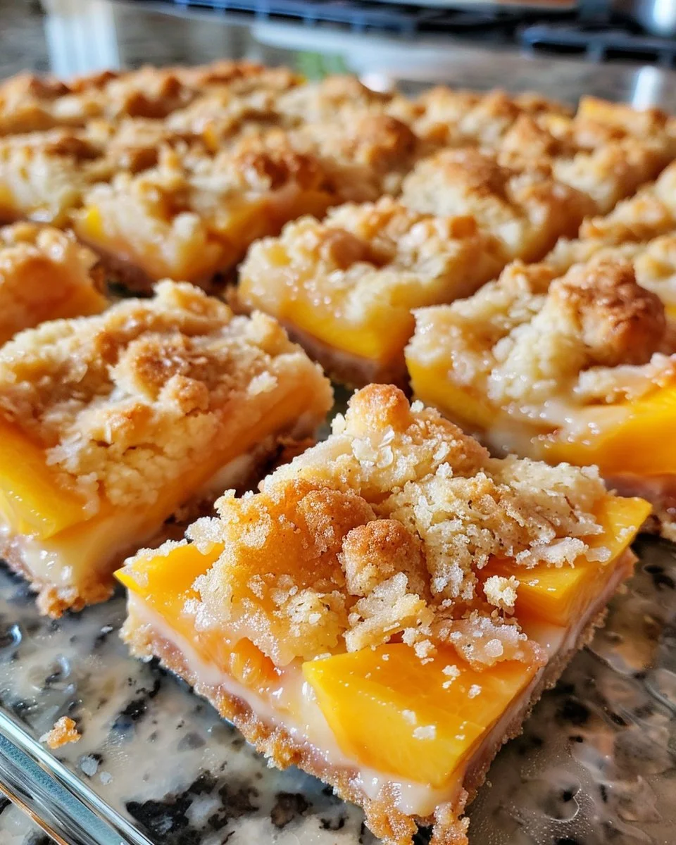 Peach Cobbler Bars with Creamy Cheesecake Swirl