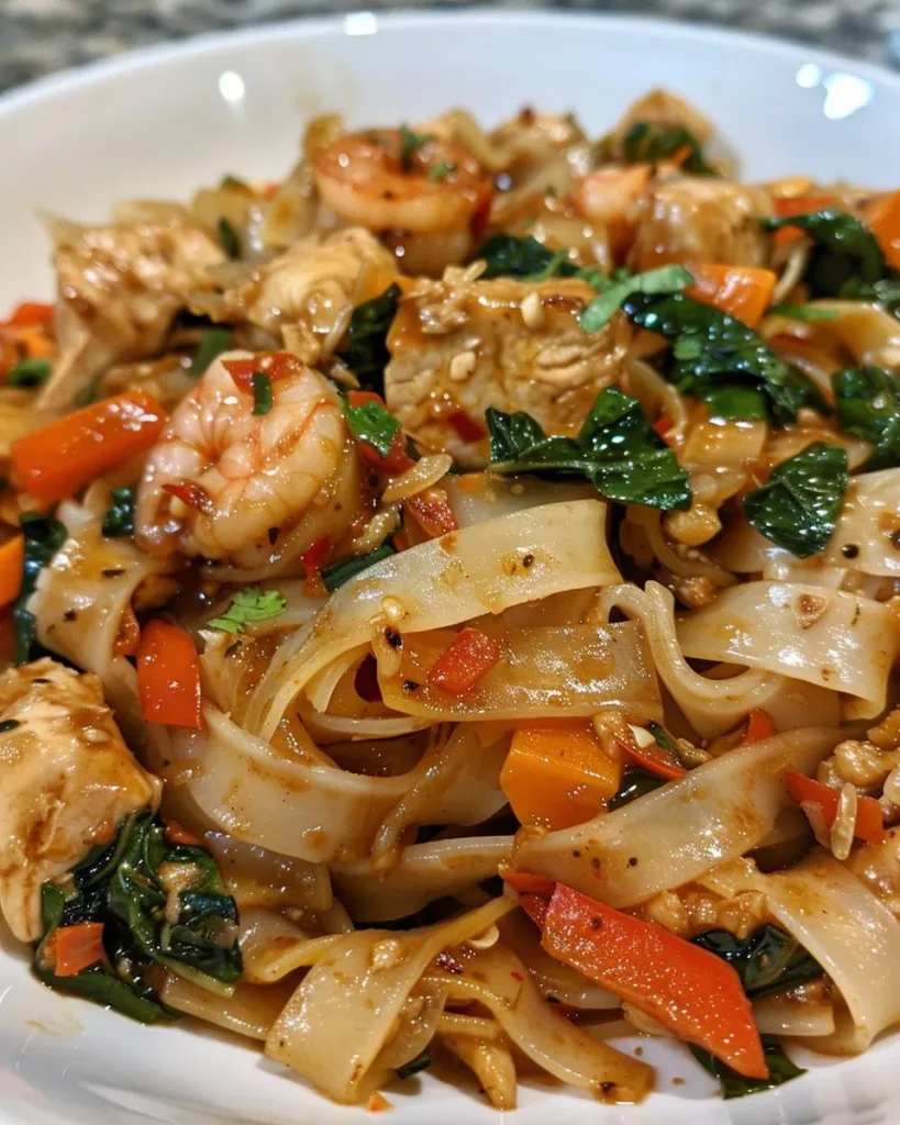 Thai Drunken Noodles 3 Plate of delicious Thai drunken noodles served with vegetables and herbs.