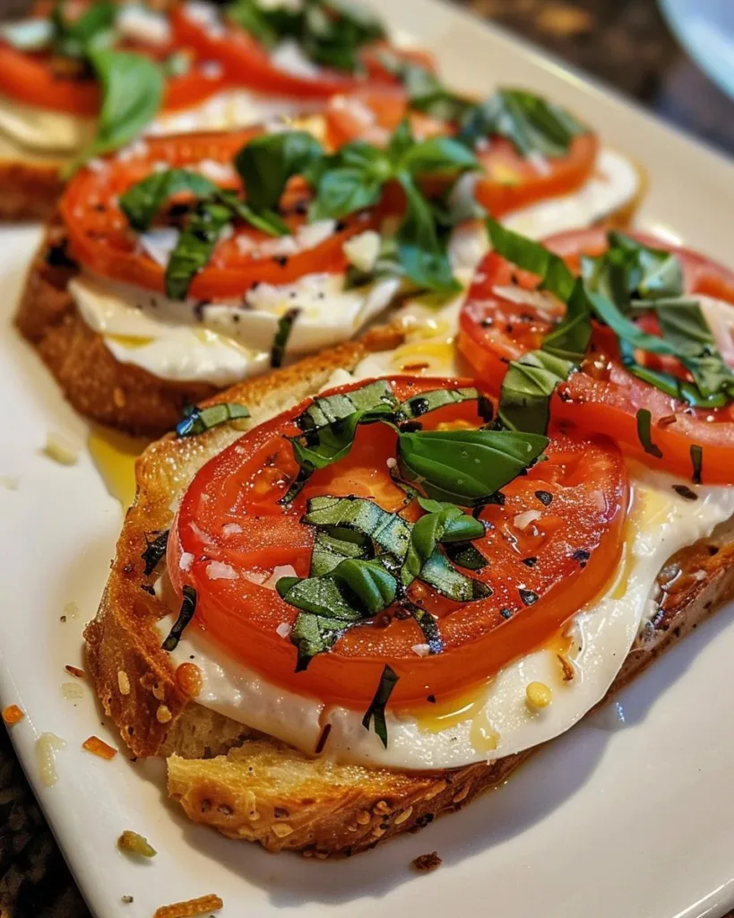 Delicious Tomato Basil Mozzarella Toast topped with fresh tomatoes and basil
