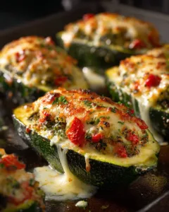 Delicious baked stuffed zucchini topped with herbs and cheese.