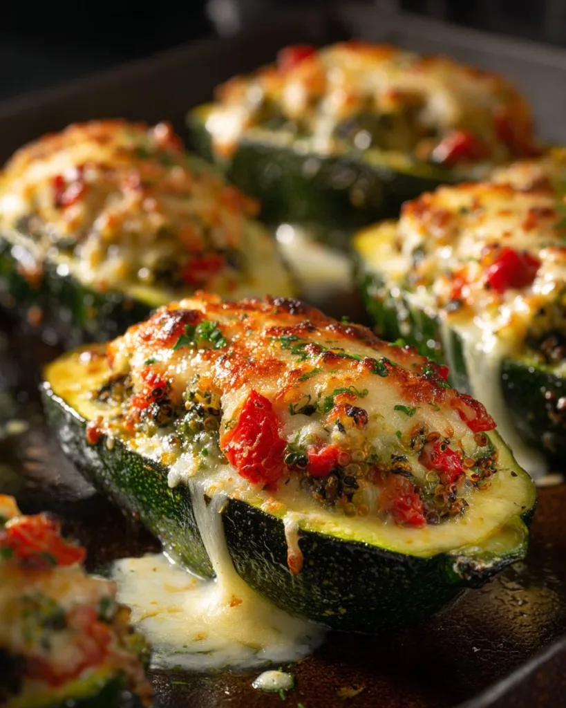 Baked Stuffed Zucchini 4 Delicious baked stuffed zucchini topped with herbs and cheese.