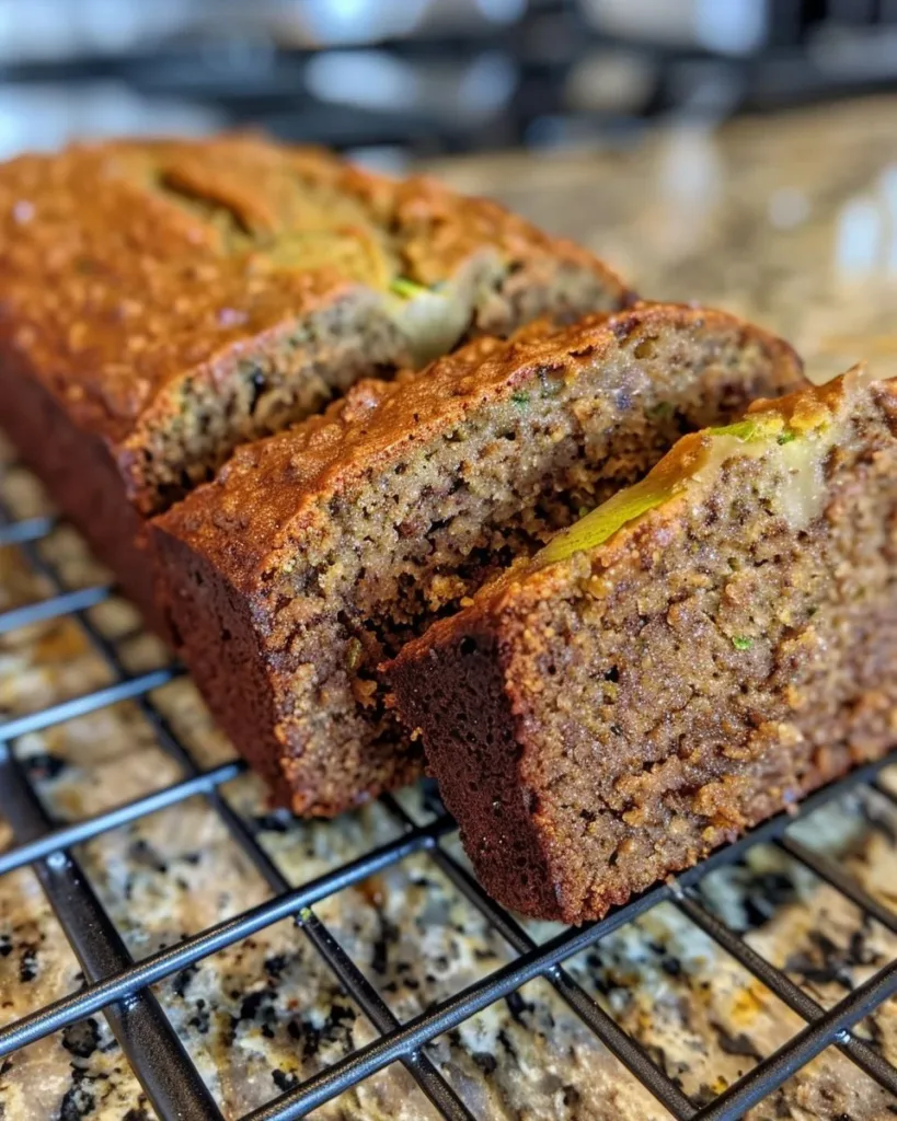Freshly baked Banana Zucchini Bread with slices on a wooden board