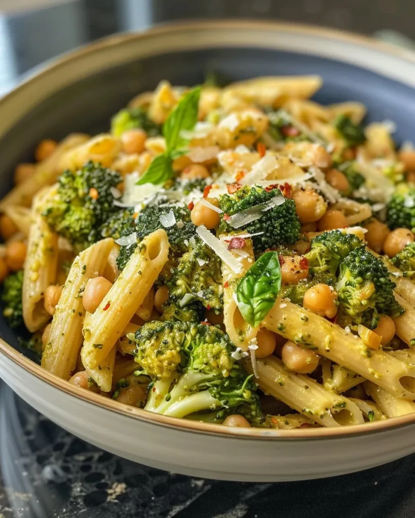 A vibrant plate of Broccoli Chickpea Pasta topped with fresh herbs.