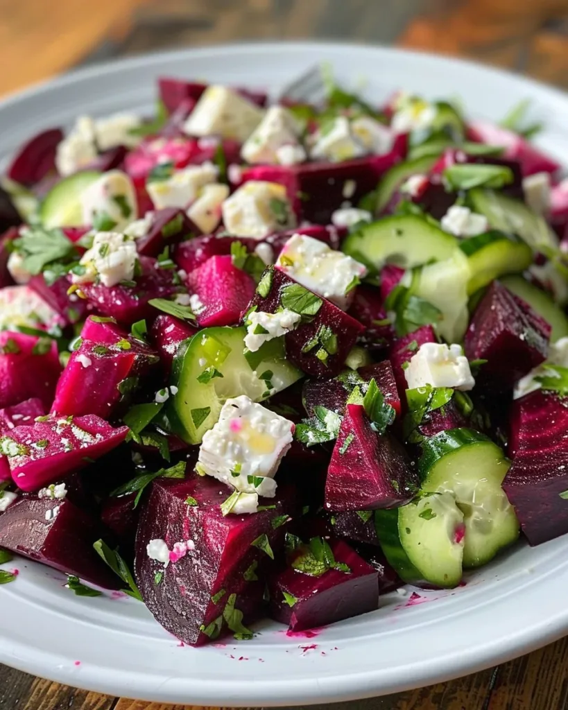 Cozy beet salad topped with feta cheese and fresh cucumbers