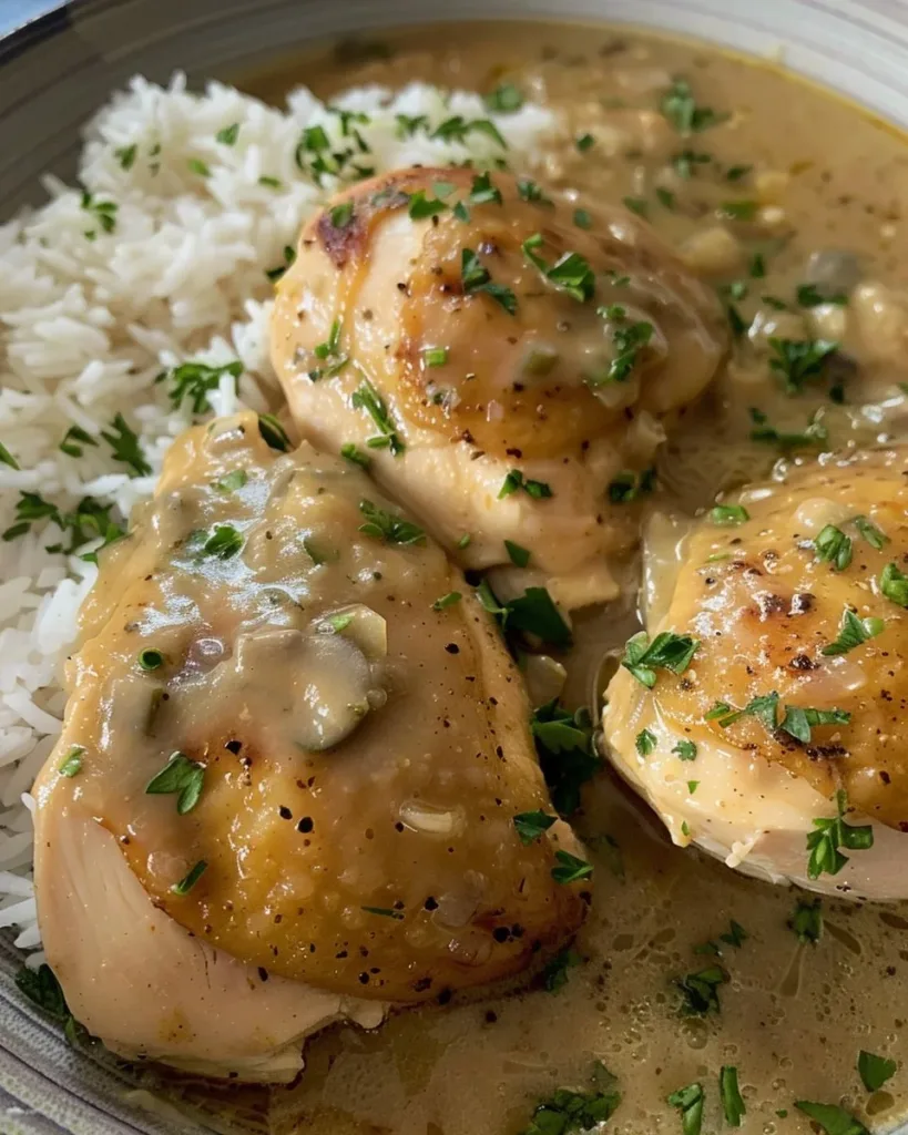 Crock Pot No Peek Chicken with Rice in a slow cooker, ready to serve.
