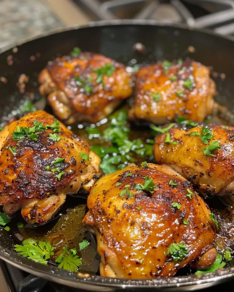 Juicy easy skillet chicken thighs cooked in a frying pan