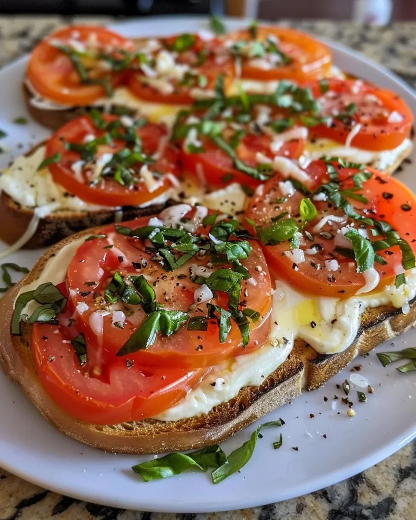 Fresh Tomato Basil Mozzarella Toast 4 Fresh tomato basil mozzarella toast topped with basil leaves