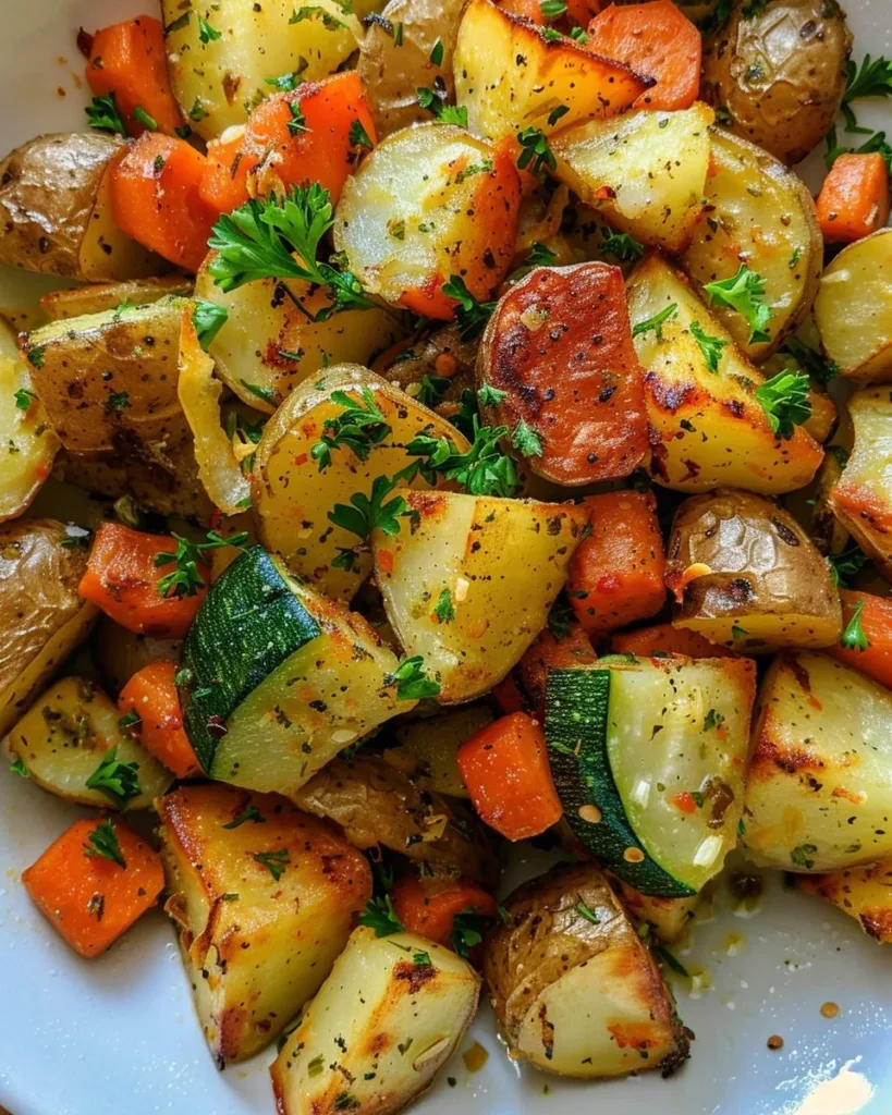 Garlic Herb Roasted Potatoes, Carrots, and Zucchini 4 Garlic Herb Roasted Potatoes, Carrots, and Zucchini on a serving platter