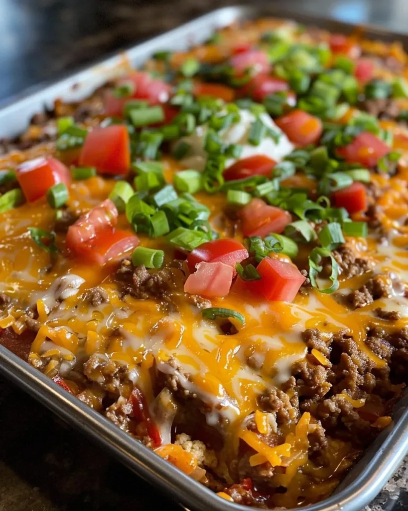 Low Carb Taco Casserole 4 Delicious low carb taco casserole topped with cheese and fresh ingredients.