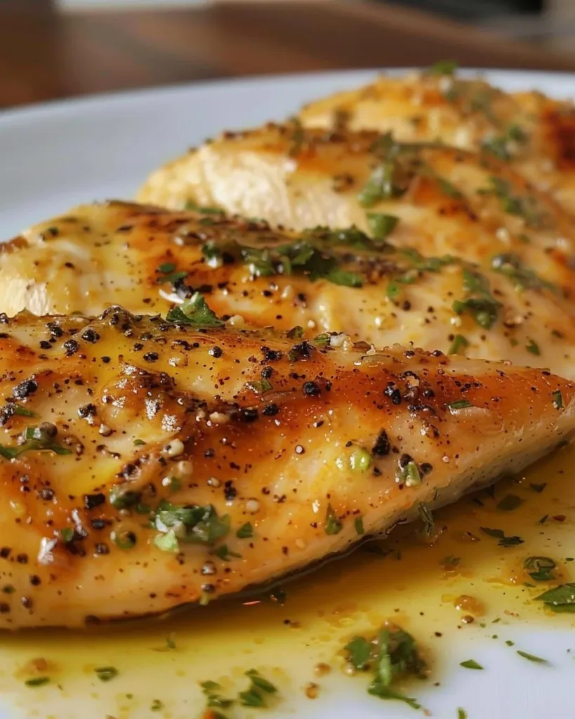 Juicy melt-in-your-mouth chicken breast served on a plate with herbs.